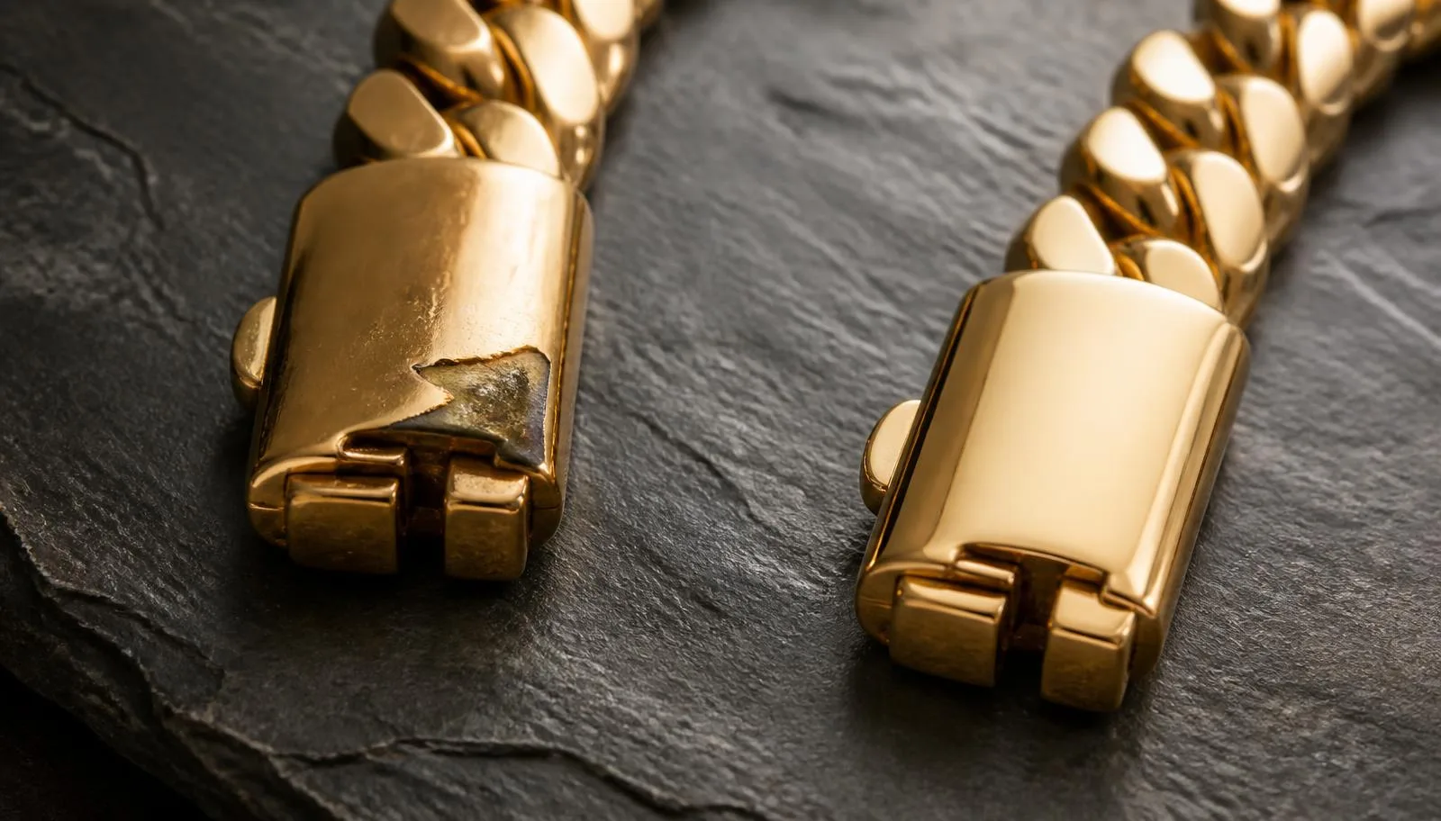 A gold-plated bracelet clasp with brassy metal showing through worn edges beside an intact solid gold bracelet on slate