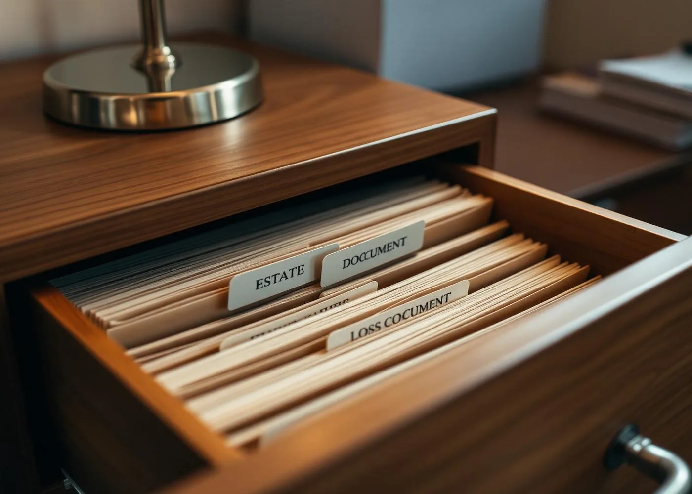 Wooden filing cabinet drawer with neatly labeled folders