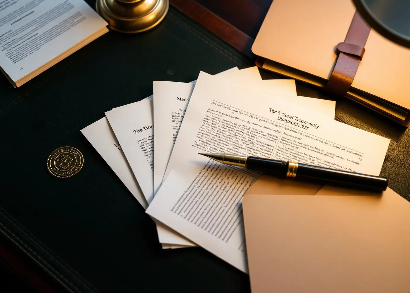 Letters testamentary fanned on a green leather desk blotter