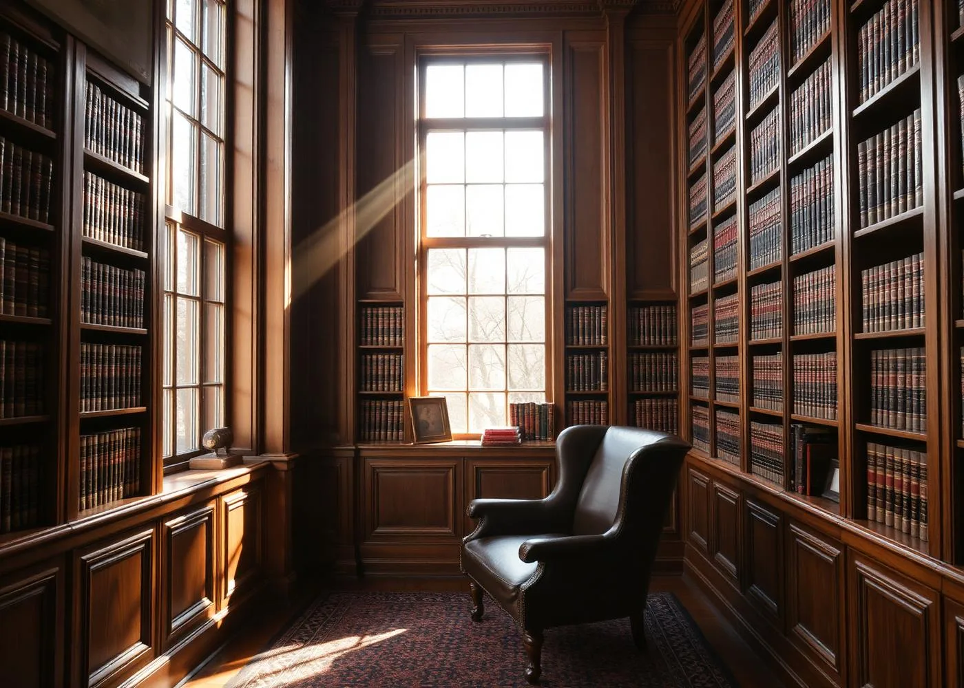 A dignified attorney's office with floor-to-ceiling oak bookshelves