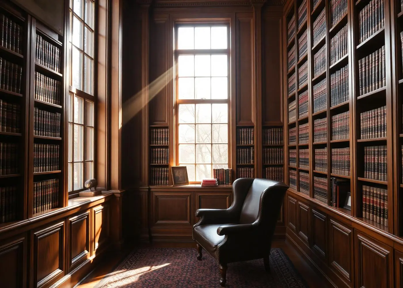 A dignified attorney's office with floor-to-ceiling oak bookshelves