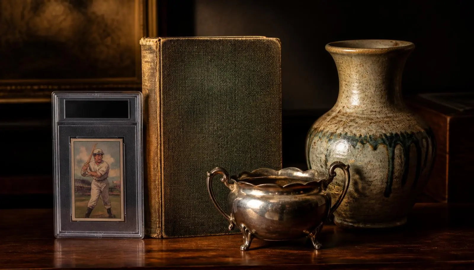 A graded vintage baseball card in a plastic slab, an antique hardcover book, a piece of sterling silver and a hand-thrown art pottery vase arranged on dark walnut