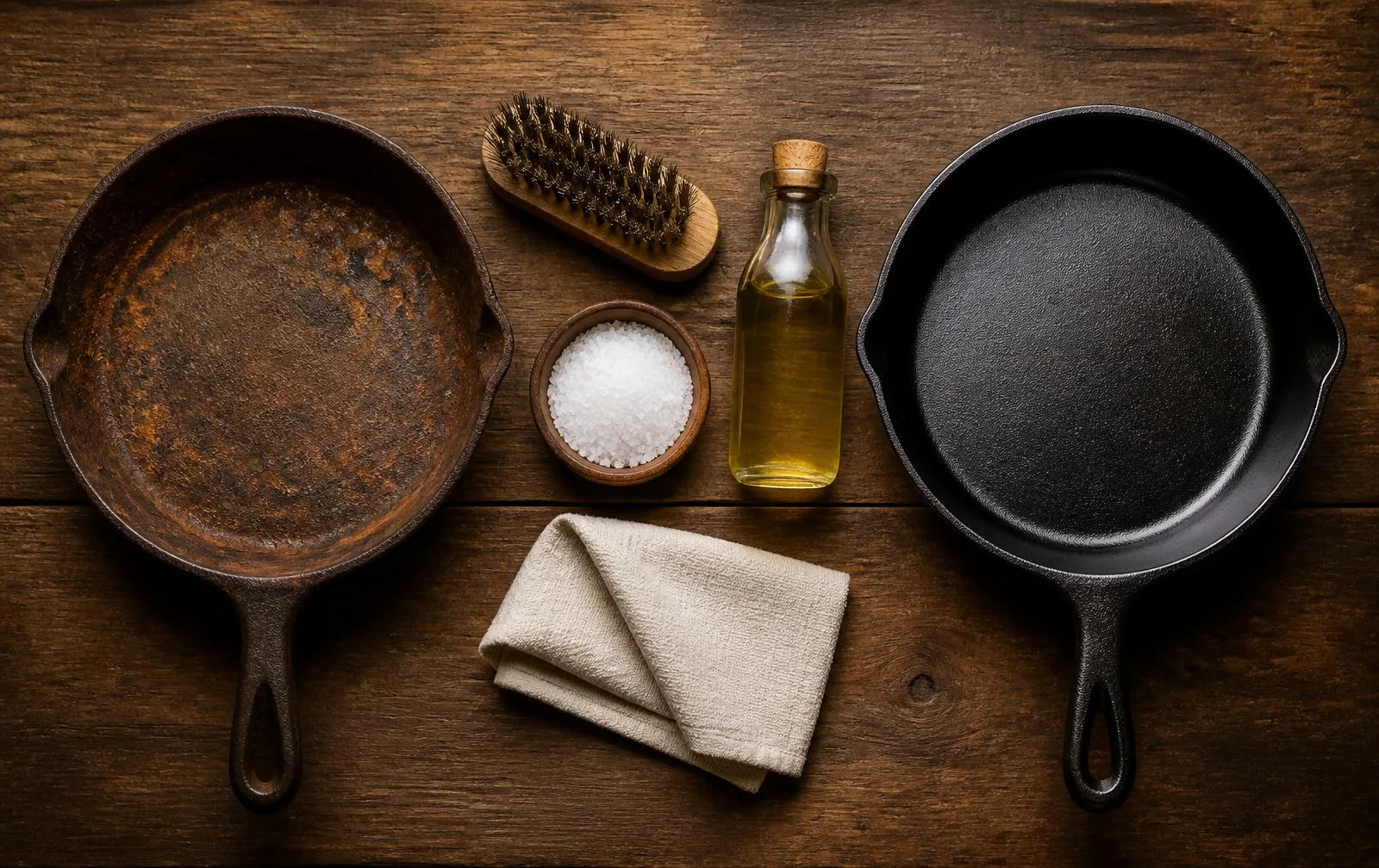 Restoration flatlay showing a rusty cast iron skillet next to a restored one, with a wire brush, coarse salt, oil, and a linen cloth
