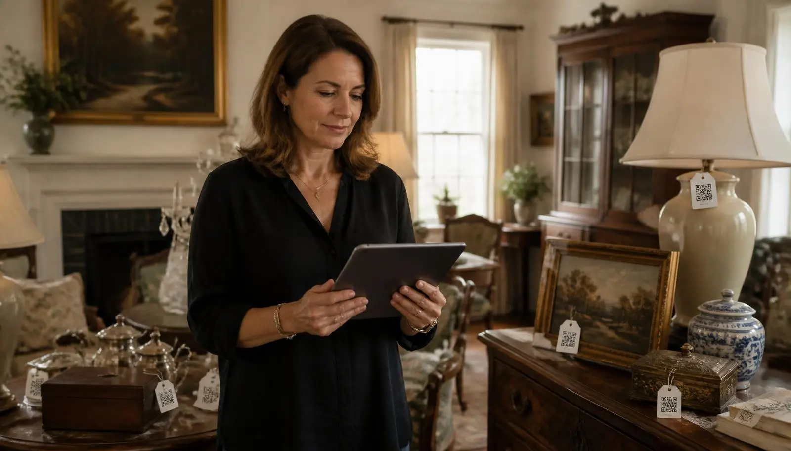 An estate sale operator reviewing incoming offers on a tablet in a tagged, staged living room