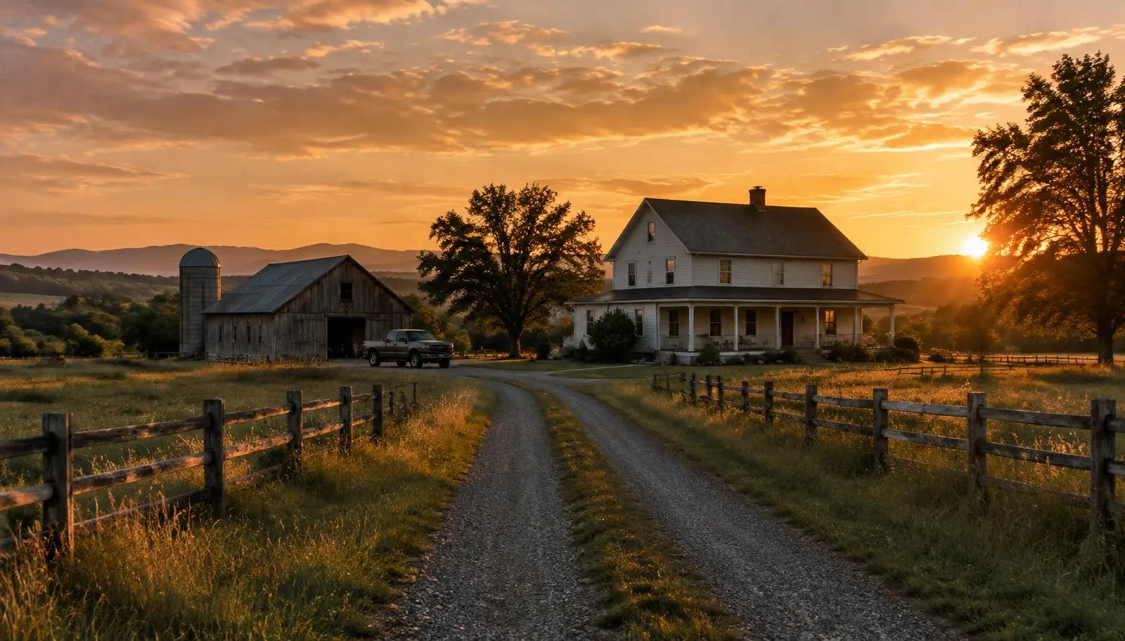 A rural farmhouse and barn at sunset at the end of a long gravel private drive