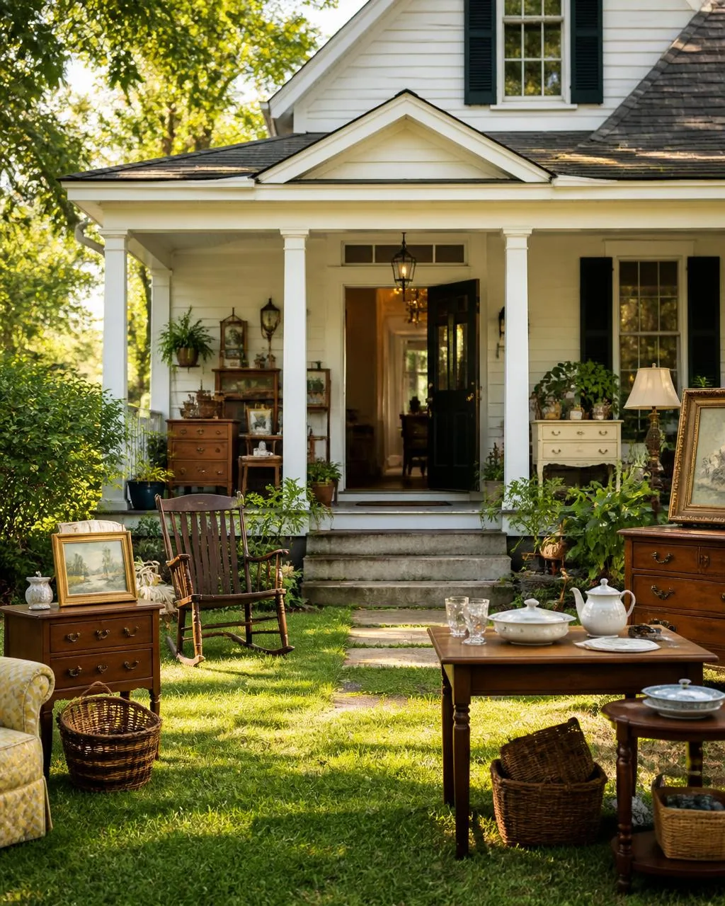 A welcoming estate sale set up on the porch and lawn of a charming home