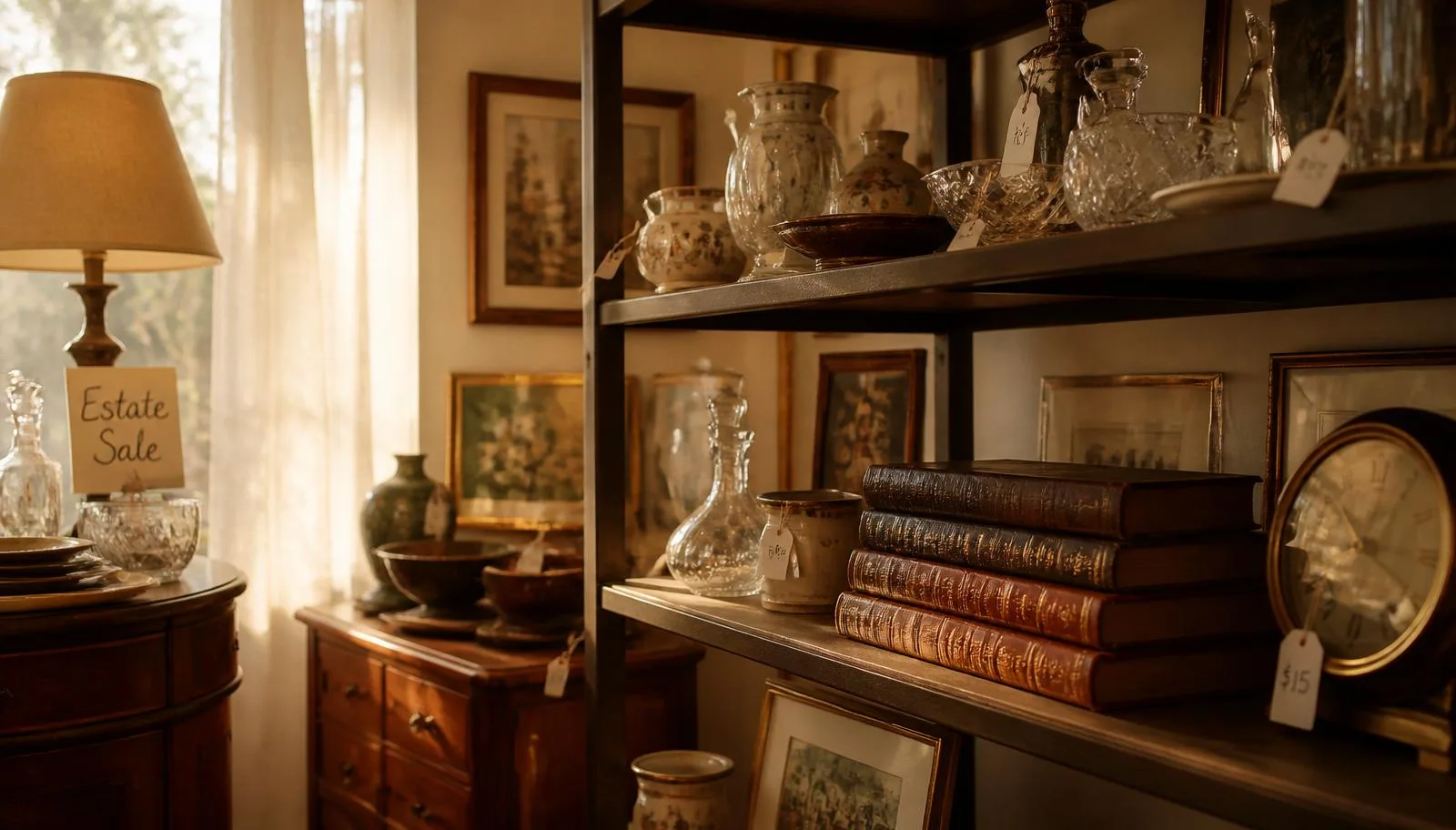 A warm estate sale interior at golden hour: shelves of vintage glassware, leather books, and a small brass lamp catching soft sunlight through sheer curtains