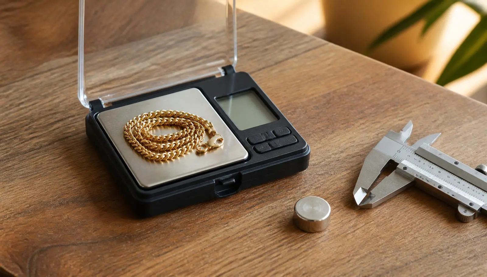 A digital pocket scale weighing a gold chain on a wooden table, with a neodymium magnet and a caliper alongside