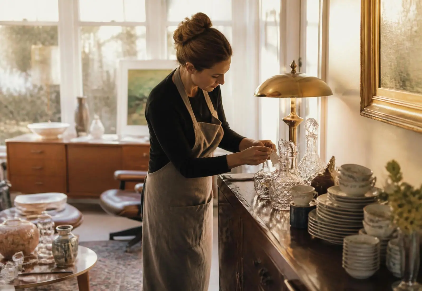 Estate sale professional attaching price tags to crystal decanters and china on an antique sideboard in a sunlit home