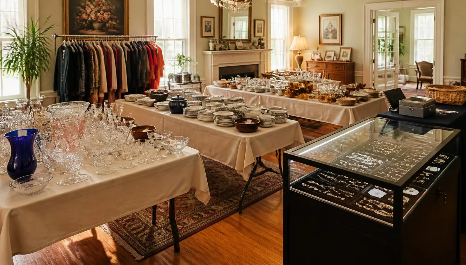 A well-staged estate sale room before opening with cloth-covered tables of glassware and china, a clothing rack, and a locked jewelry case beside the checkout table