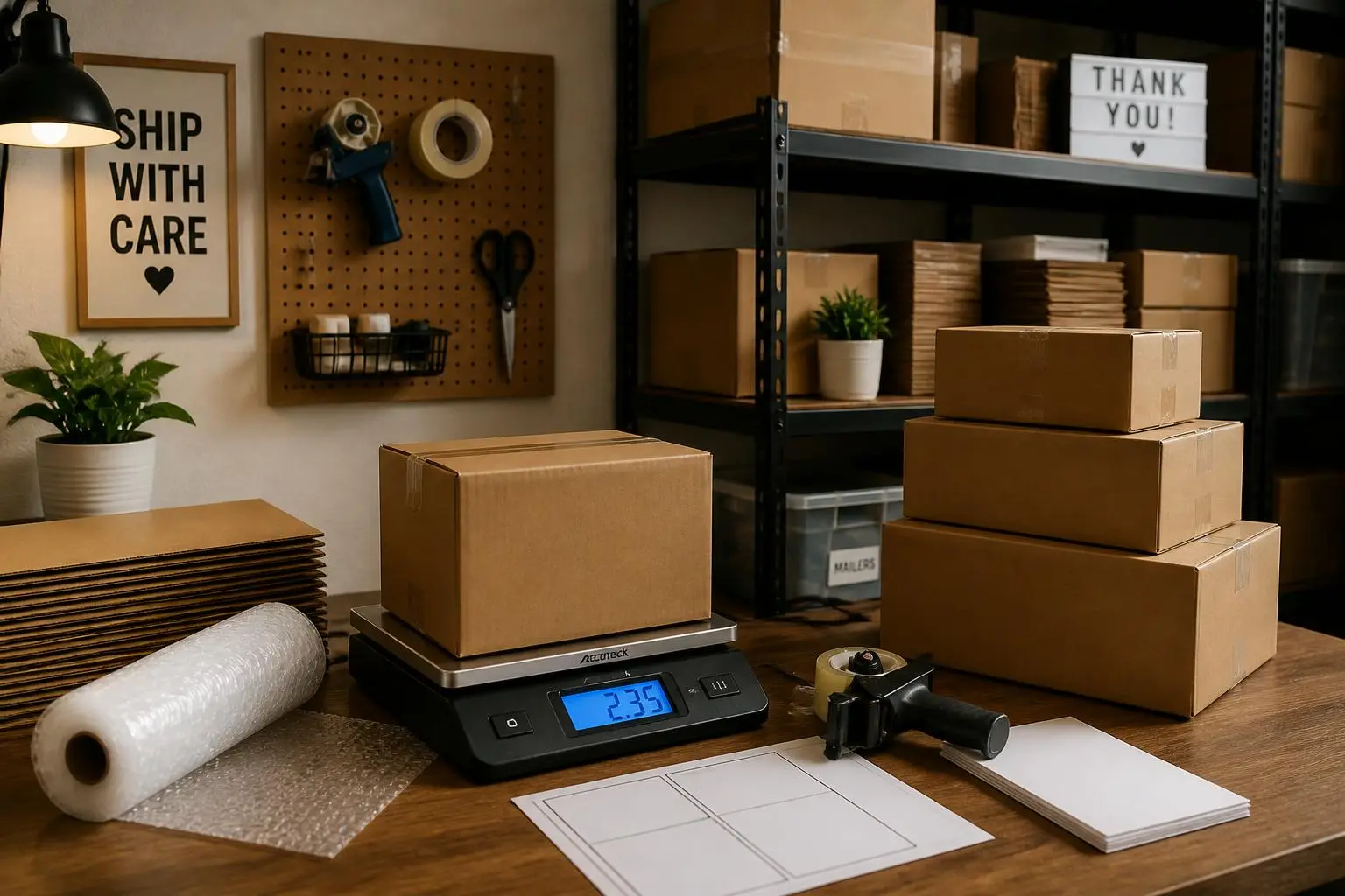 A home shipping station — the last step of the loop, and the one that stays manual.