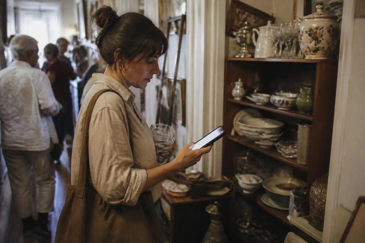 A shopper checking her list on her phone in the hallway of a crowded estate sale