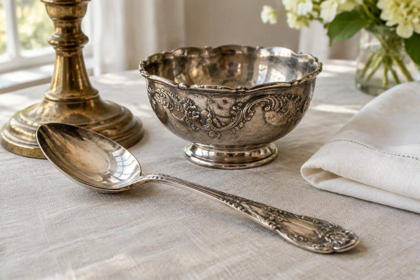 A softly tarnished silver bowl and spoon beside an aged brass candlestick and an unused cotton cloth