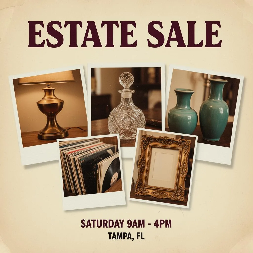 Ai-generated Instagram post showing an estate sale photo collage with vintage items