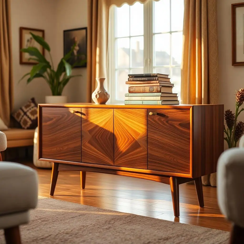 Mid-century walnut credenza staged in sunlit living room