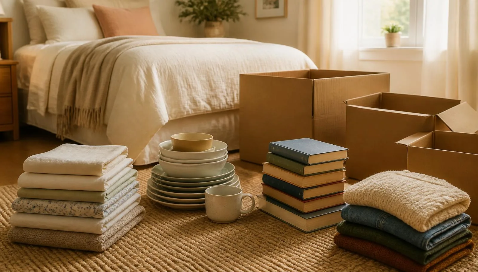A bedroom floor organized into neat sorting piles of linens, dishes, books and folded clothing beside plain kraft boxes