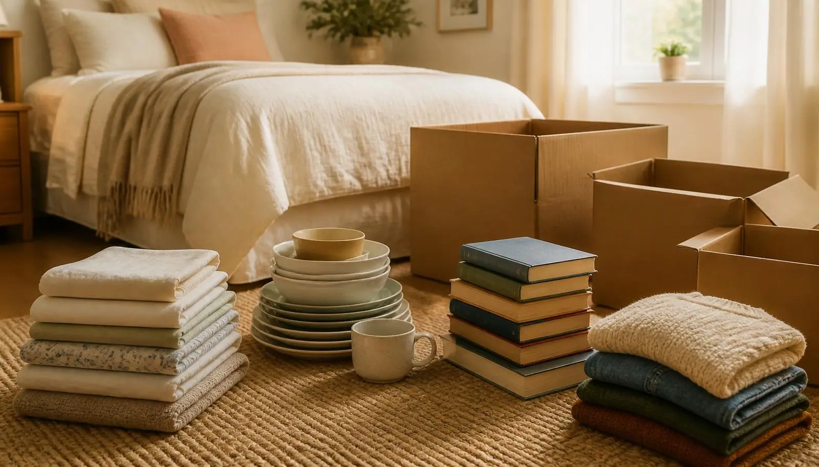 A bedroom floor organized into neat sorting piles of linens, dishes, books and folded clothing beside plain kraft boxes