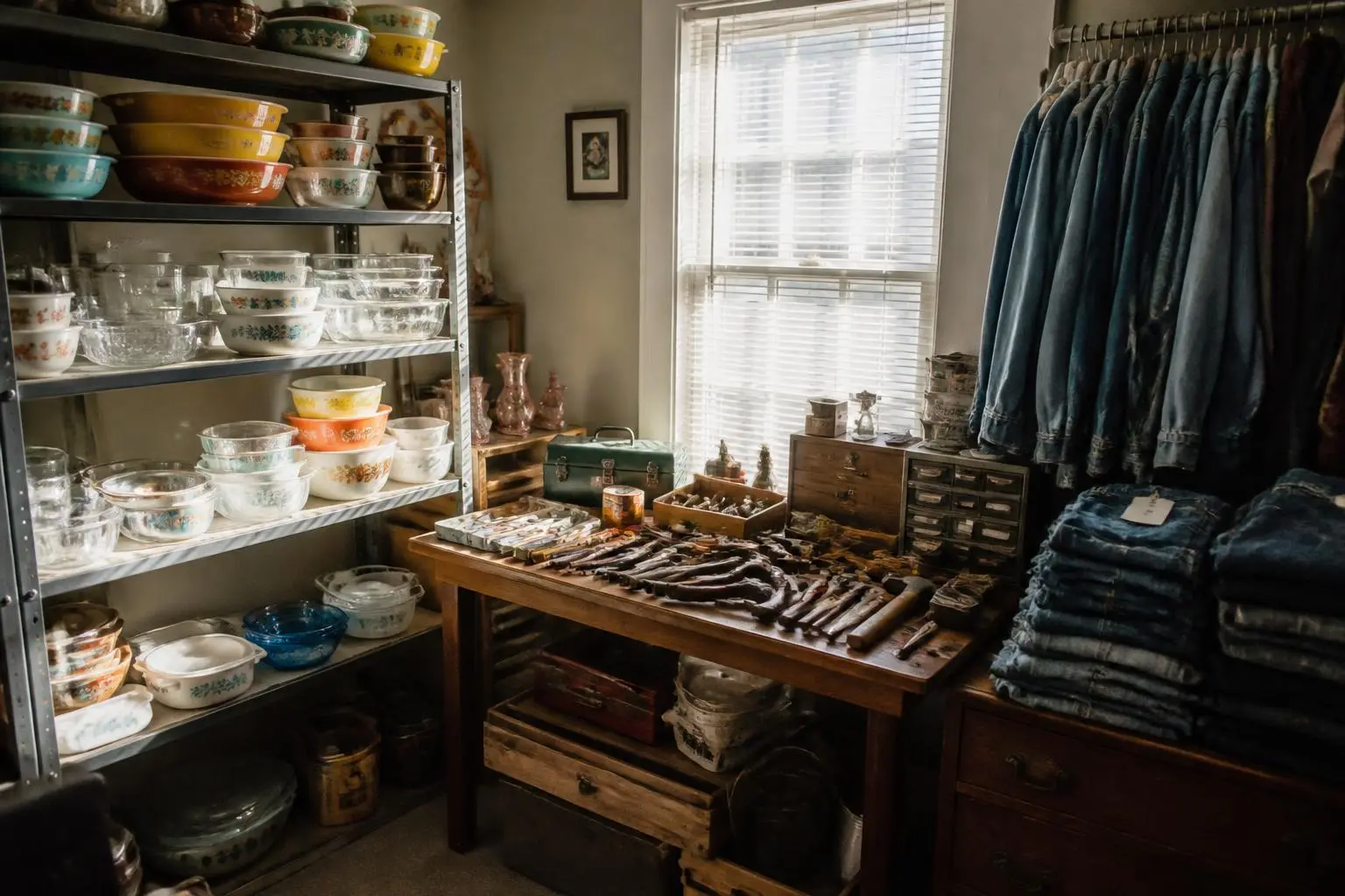 Estate sale inventory that flips well on eBay: glassware, denim, and hand tools.