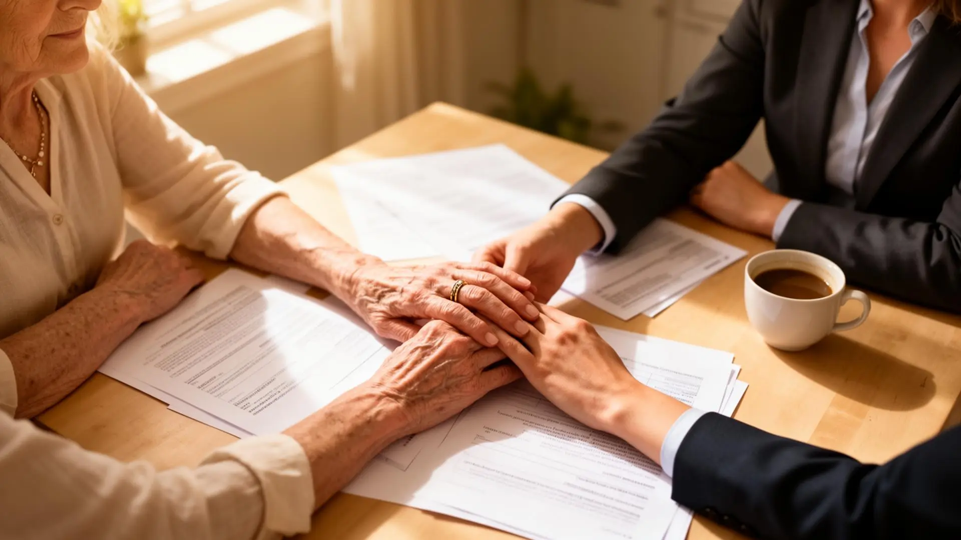 Older woman's hands and a younger professional's hands across a sunlit kitchen table with paperwork
