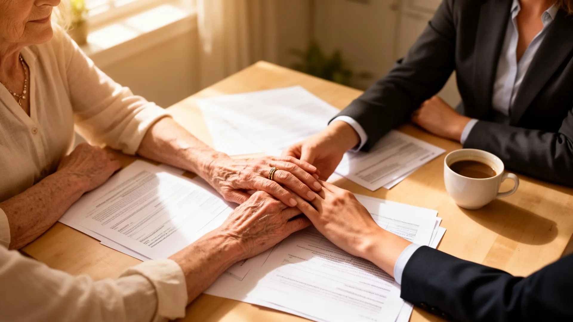 Older woman's hands and a younger professional's hands across a sunlit kitchen table with paperwork