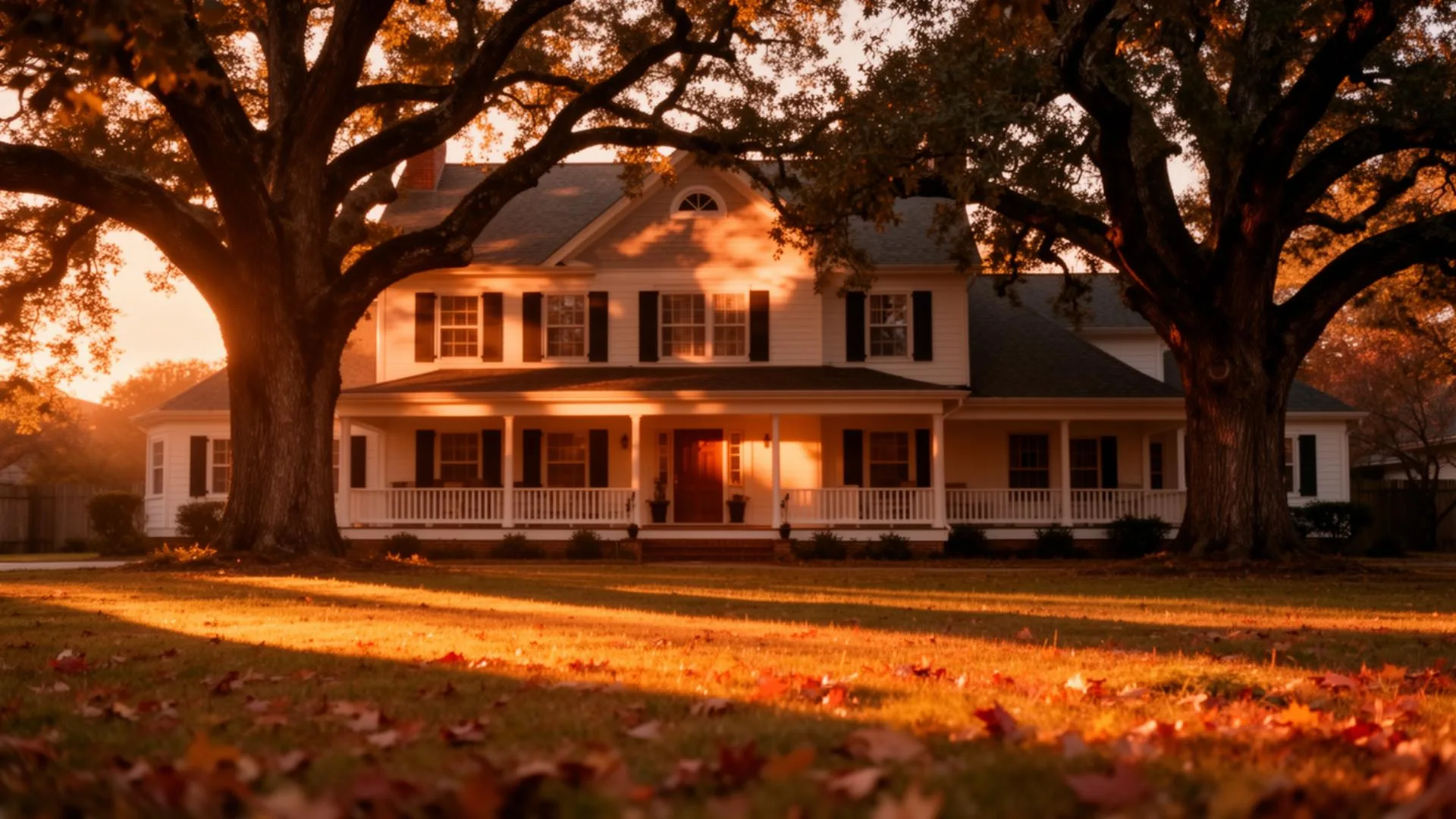 Stately family home at golden hour with mature oak trees