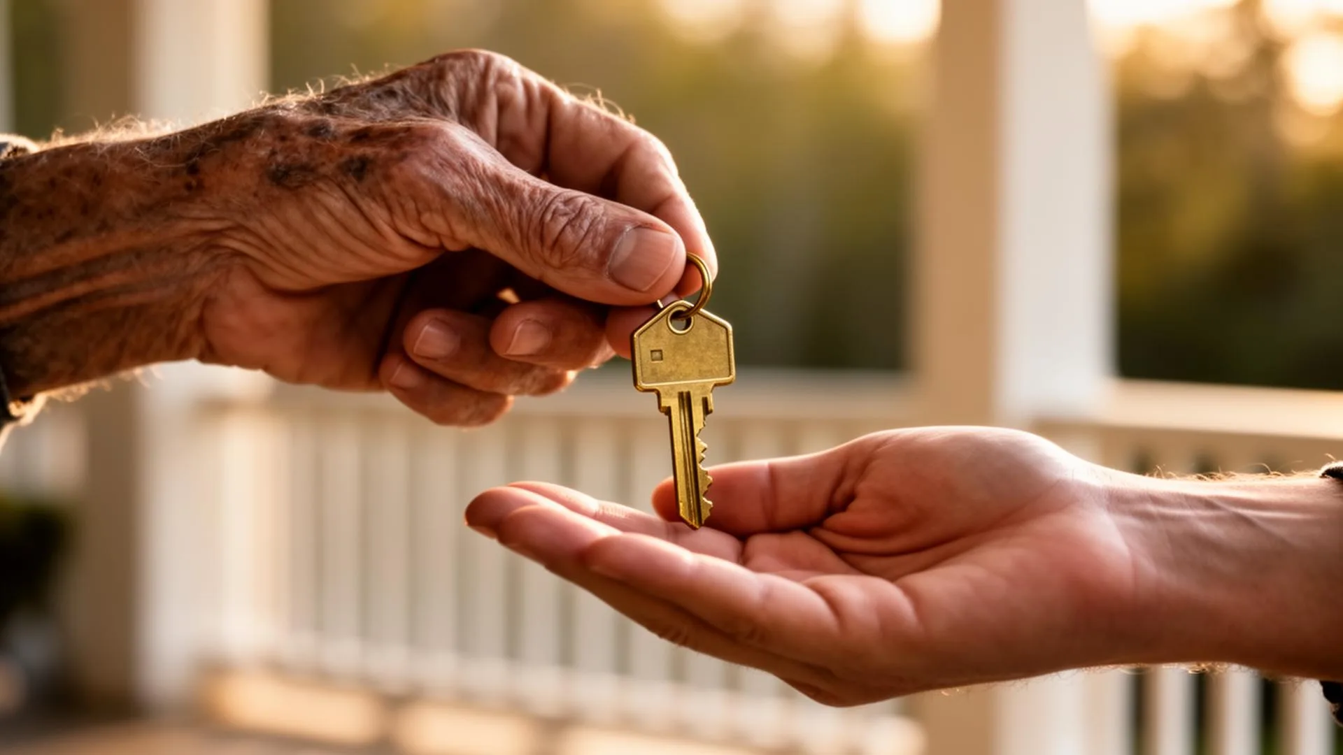 Older weathered hand passing a brass house key into a younger hand on a porch