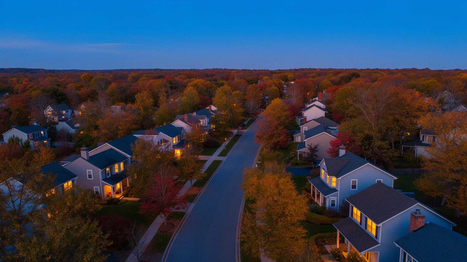 Aerial view of a quiet established American neighborhood at dusk