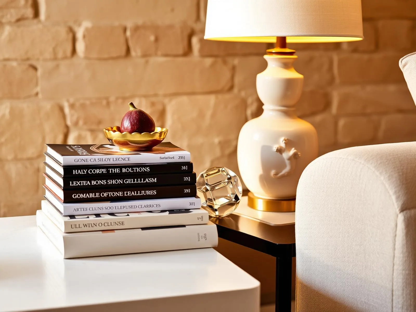 Styled coffee table vignette with books, ceramic lamp and brass bowl
