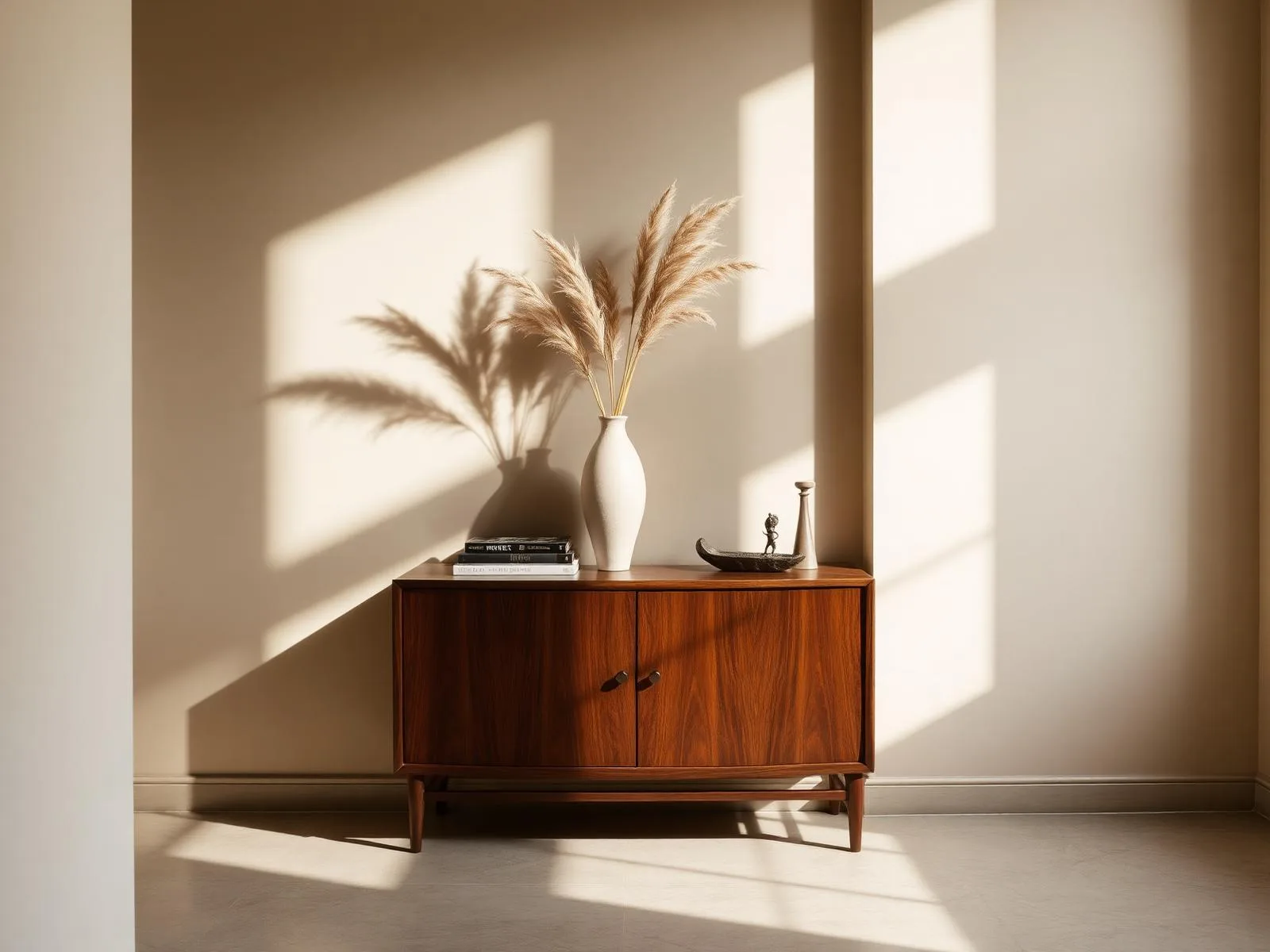Sunlit walnut credenza styled with white ceramic vase and dried pampas