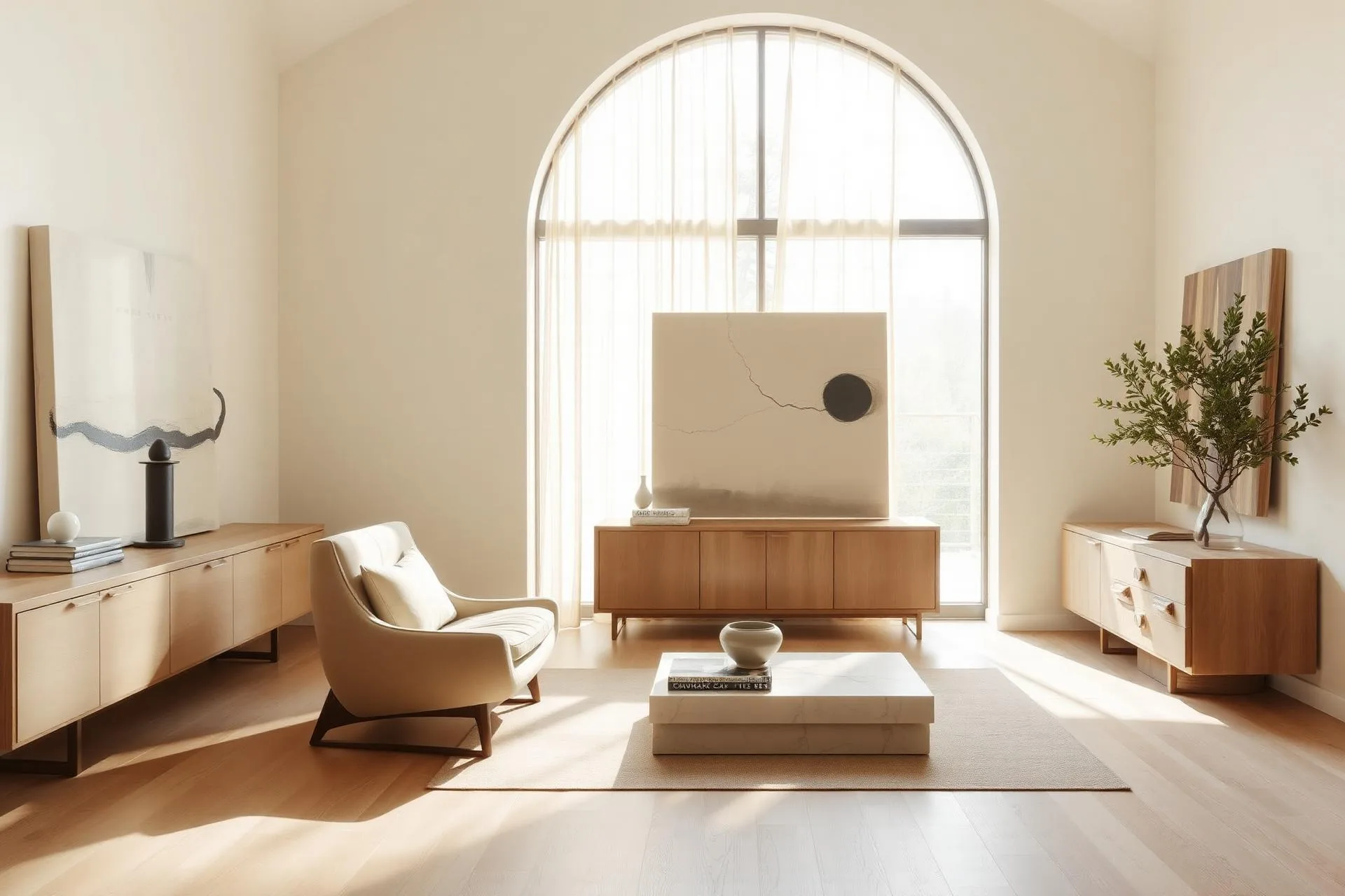 Sunlit staged living room with vintage credenza and oatmeal lounge chair