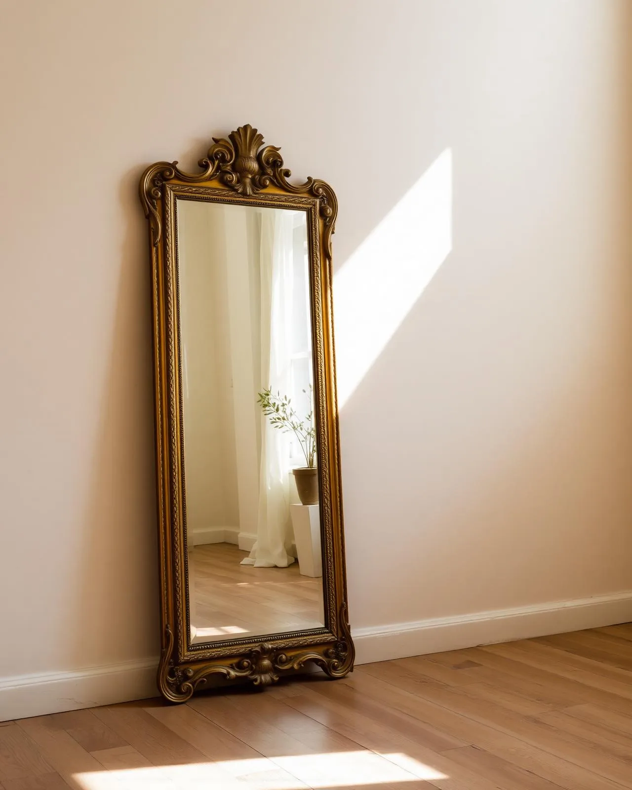 Antique gilt mirror in sunlit empty room