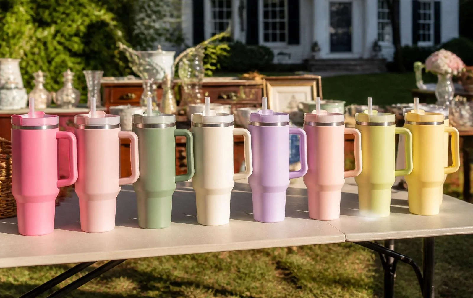 Editorial photo of eight brightly colored Stanley Quencher tumblers lined up on a folding table with a handwritten sign reading 'Tumblers $2 each'