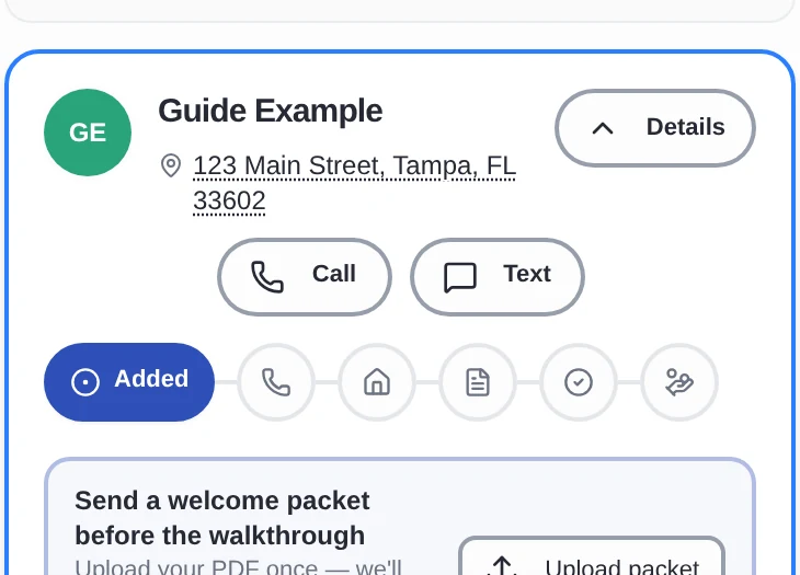 Real client card at the Added step with the welcome packet action