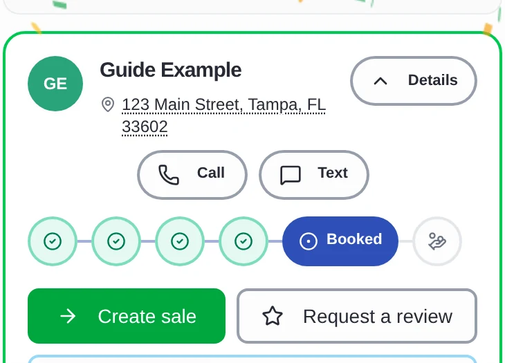 Real client card at the Booked step with the Create sale action