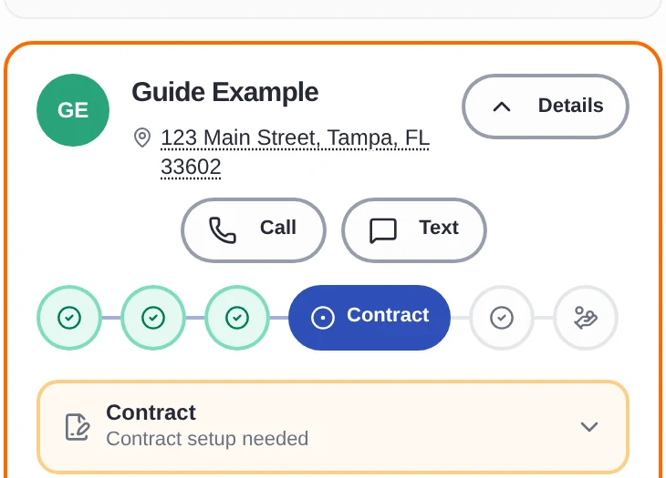 Real client card at the Contract step with the collapsed contract section