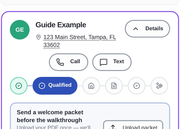 Real client card at the Qualified step with the walkthrough scheduling action