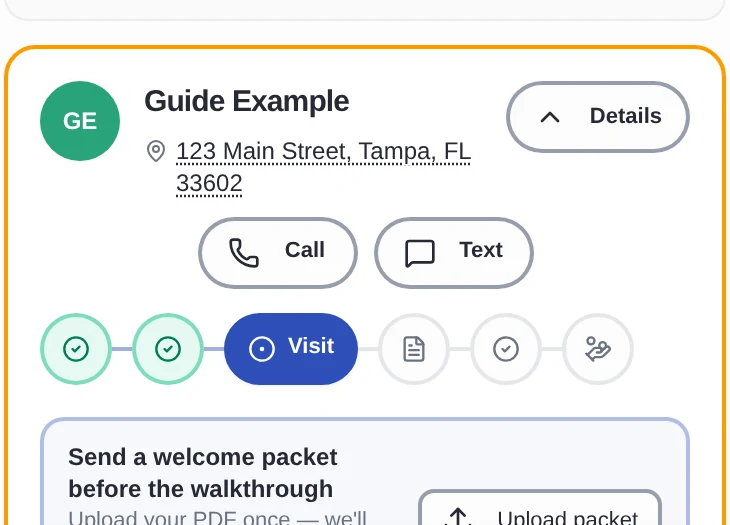 Real client card at the Walkthrough step with the visit action
