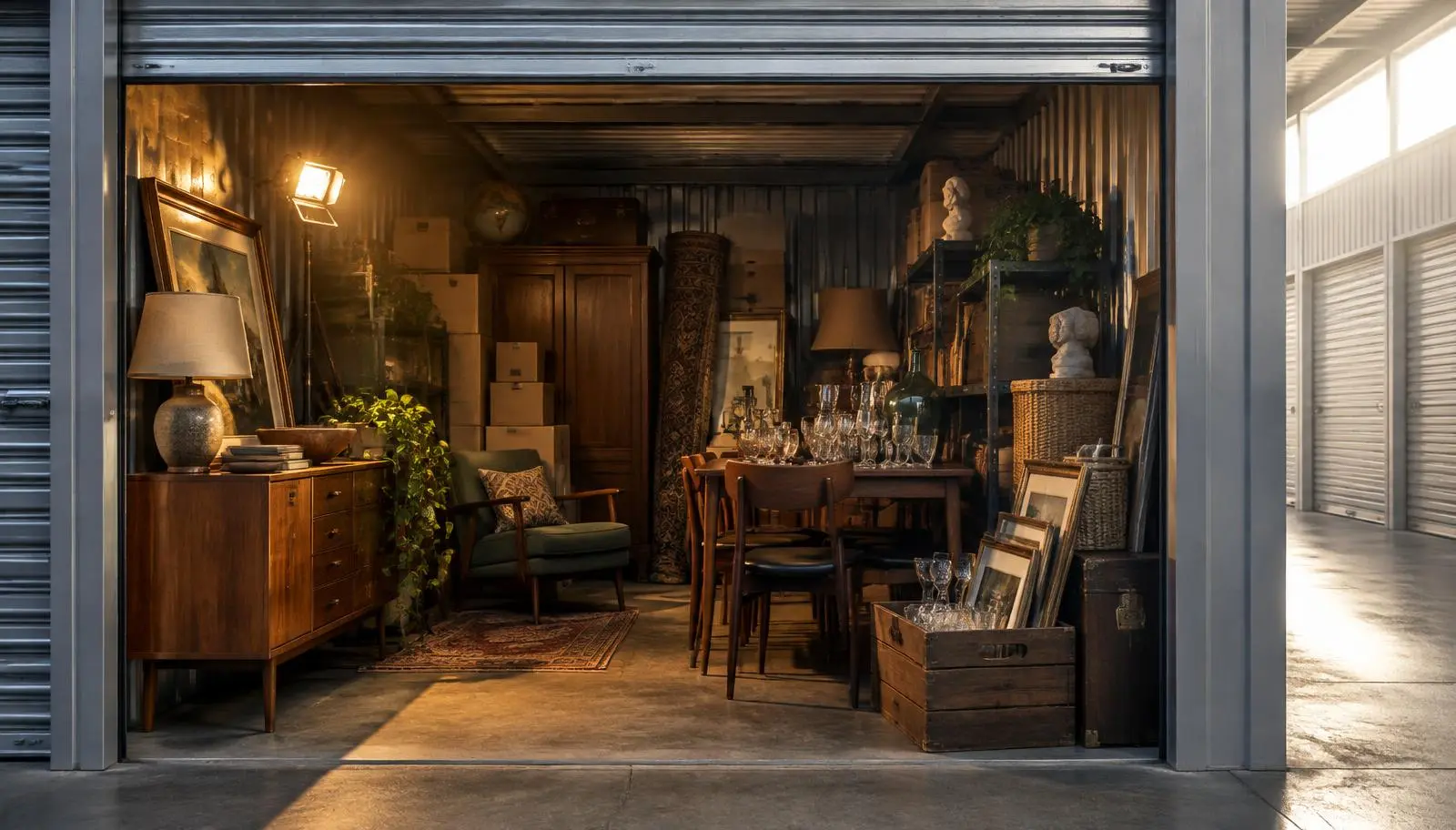 An open storage unit filled with furniture, art, and crated glassware under a work light