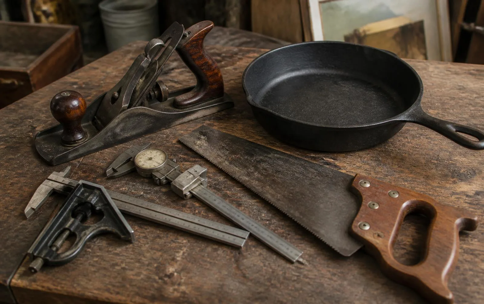 Vintage hand tools on a workbench: cast iron hand plane with rosewood knob, dial caliper, combination square, hand saw and a black cast iron skillet