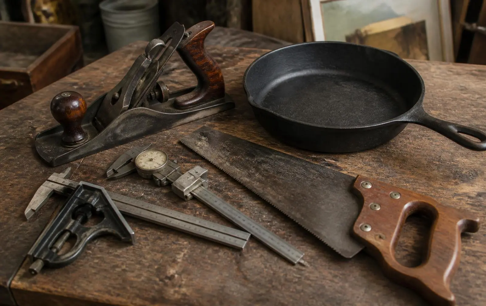Vintage hand tools on a workbench: cast iron hand plane with rosewood knob, dial caliper, combination square, hand saw and a black cast iron skillet