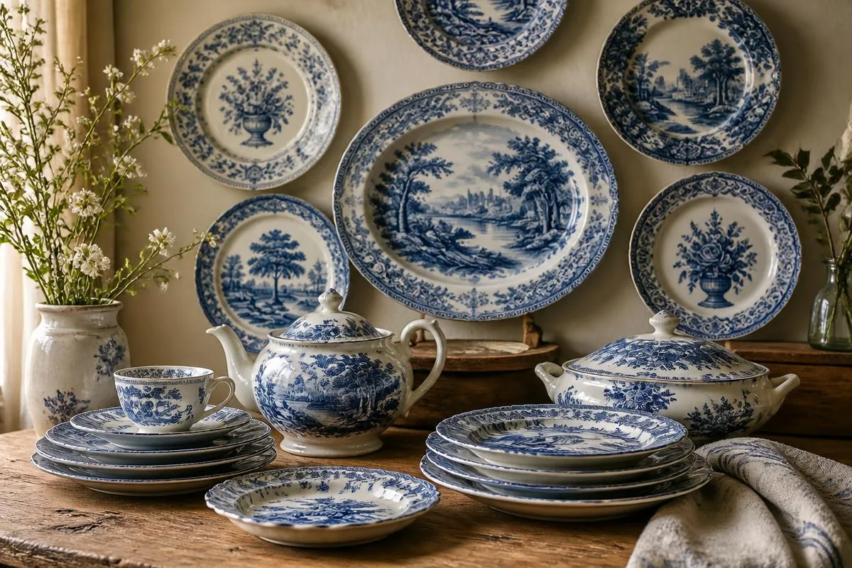 Blue and white transferware plates and teapot displayed on a table