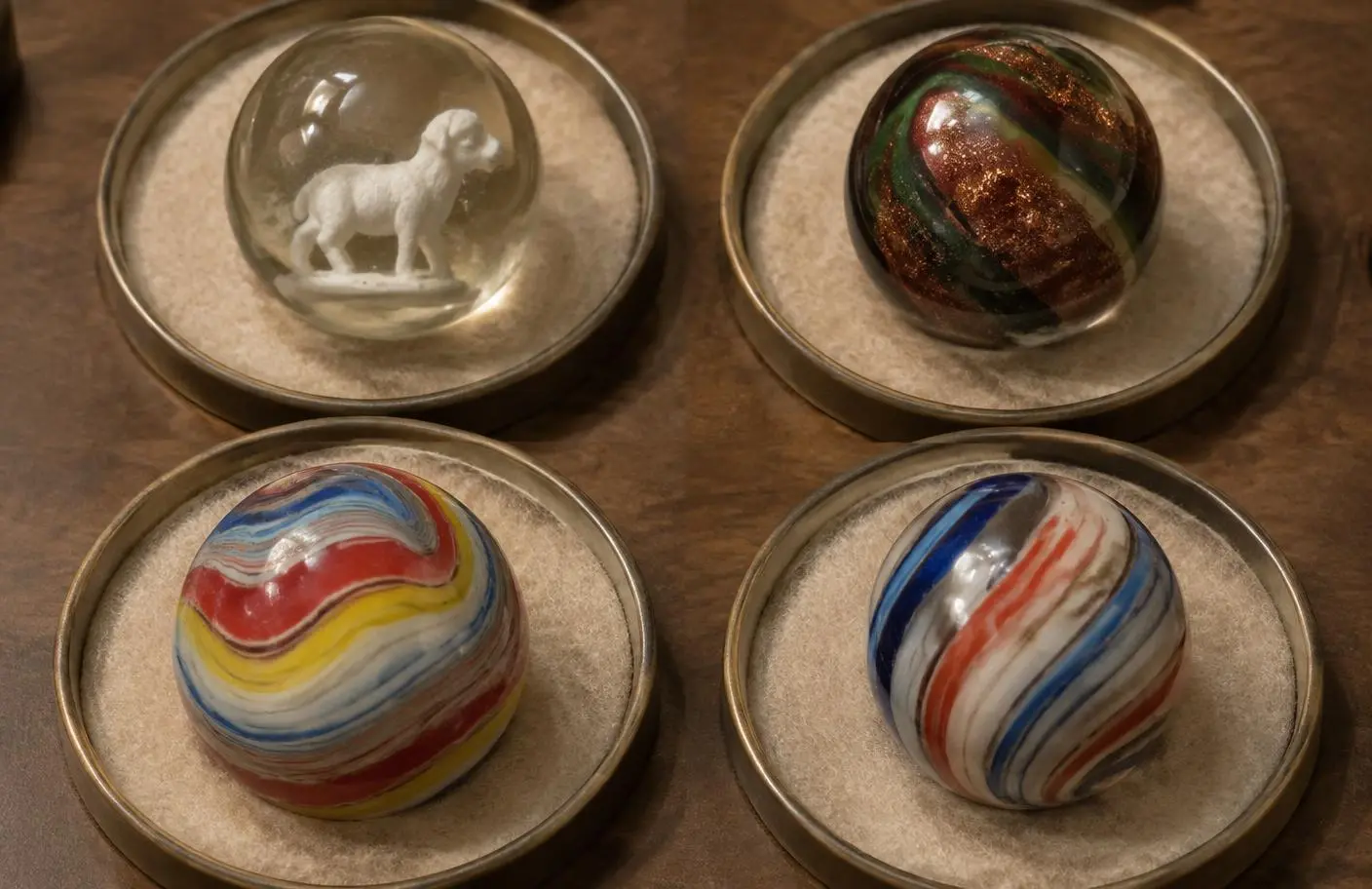 A sulfide lamb, copper-aventurine Lutz style, layered onionskin and American machine-made corkscrew shown in separate trays