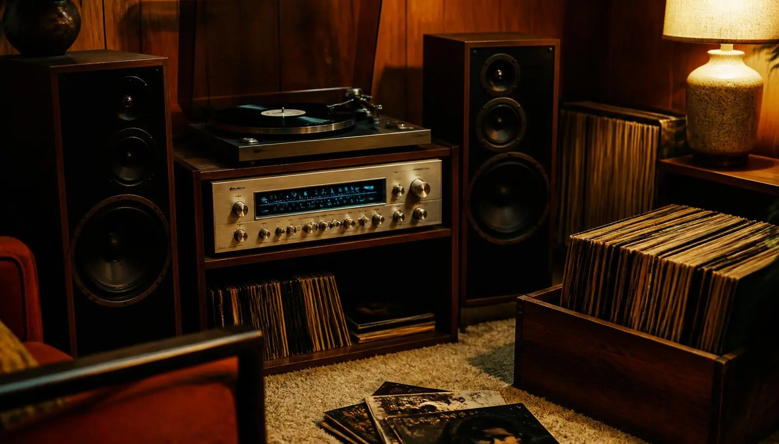 A 1970s hi-fi setup with a silver-faced receiver, turntable, wooden speakers and crates of vinyl LPs in a wood-paneled room