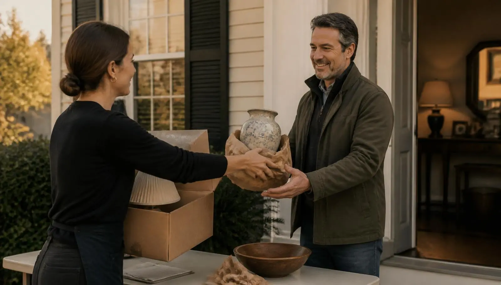 A calm VIP pickup window — staff handing wrapped items to a shopper before the public sale opens