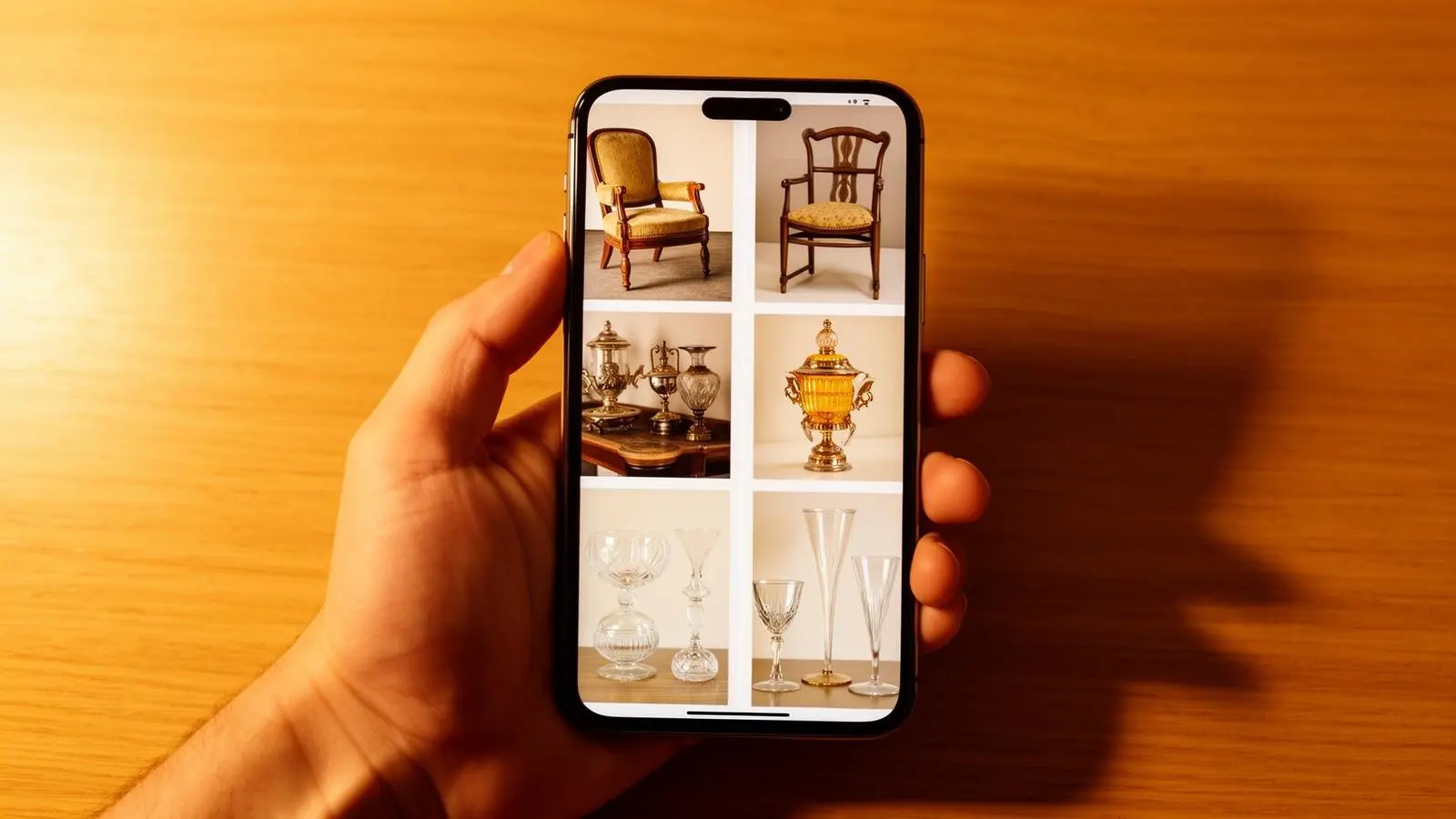 Hand holding a phone with a grid of vintage furniture and antique photos appearing one after another