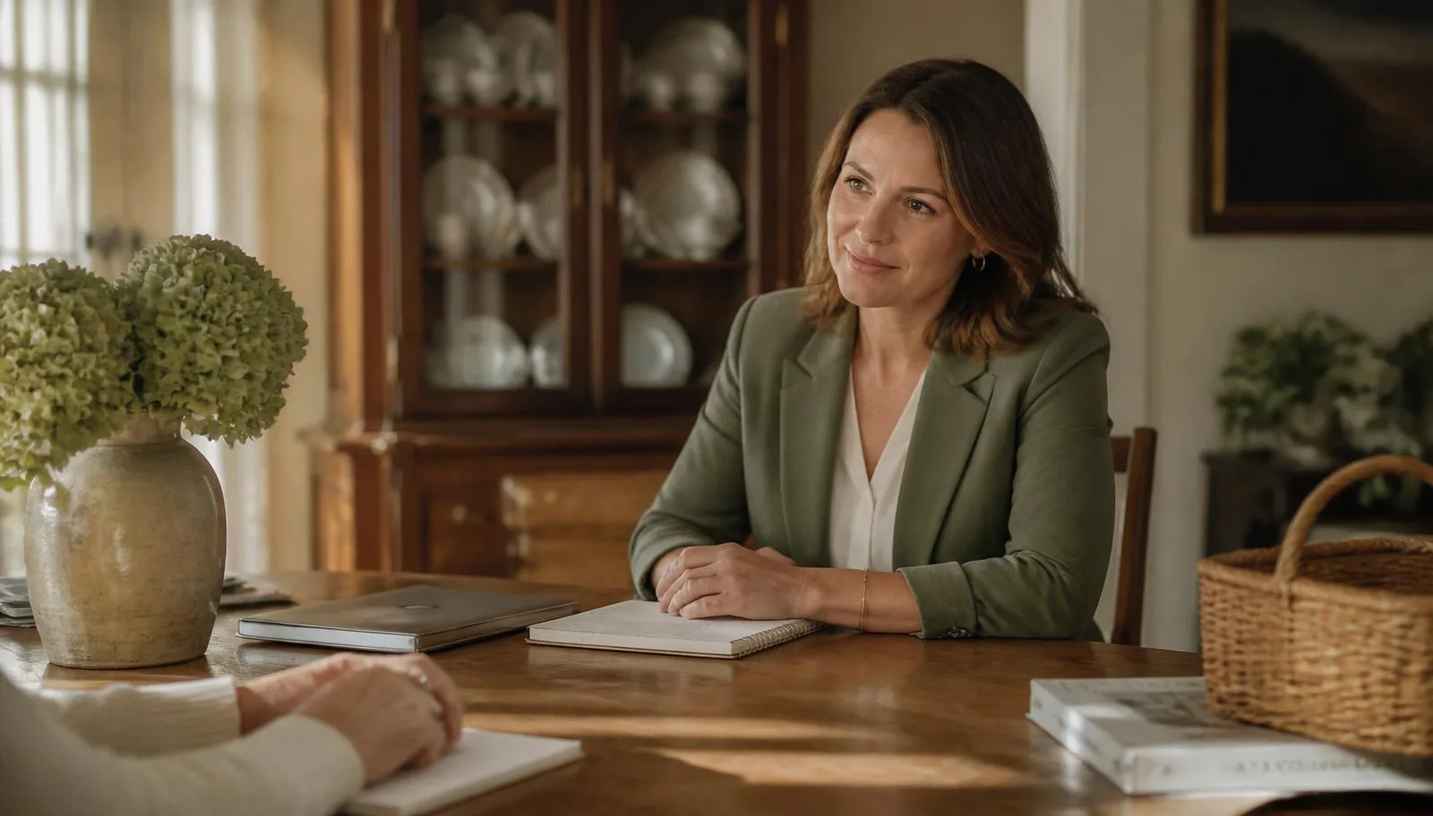 An estate sale professional in a soft green blazer sitting at a dining room table across from a family member, warm afternoon light, a china cabinet in the background — calm, respectful conversation