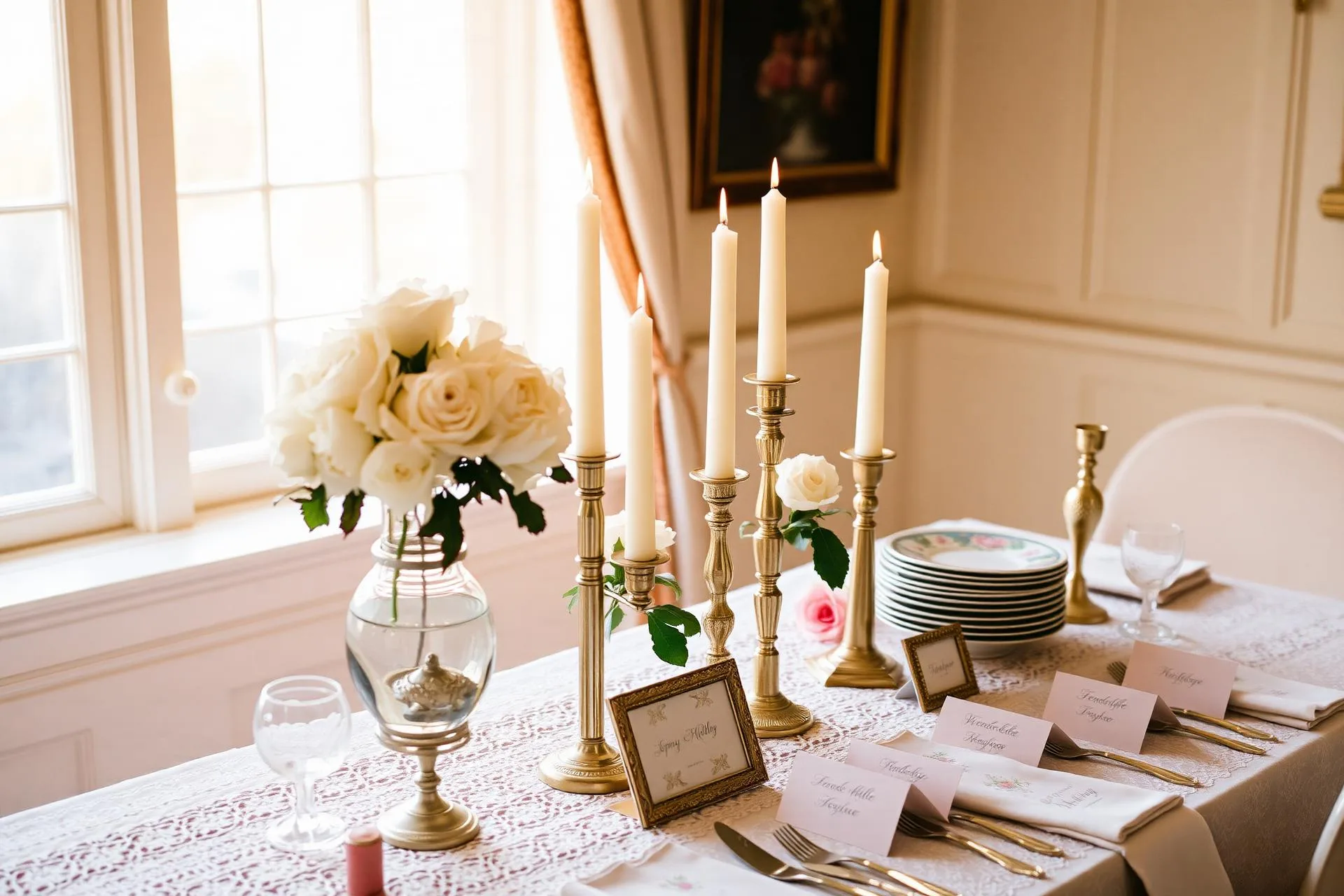 Vintage wedding tablescape with crystal, brass candlesticks and Limoges china