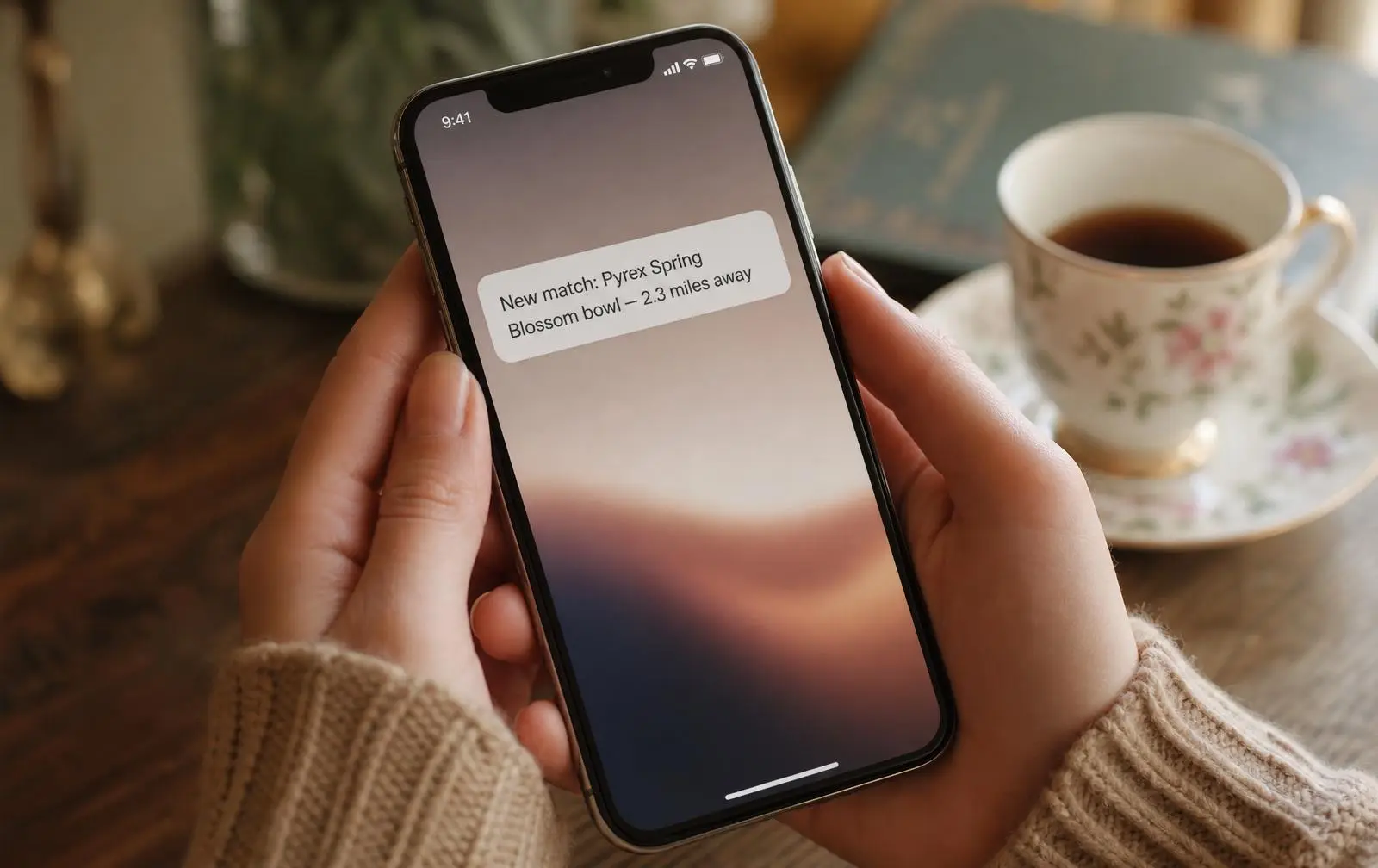 Hands holding a smartphone showing a soft minimal notification banner reading New match Pyrex Spring Blossom bowl 2.3 miles away, next to a vintage floral teacup on a wooden table