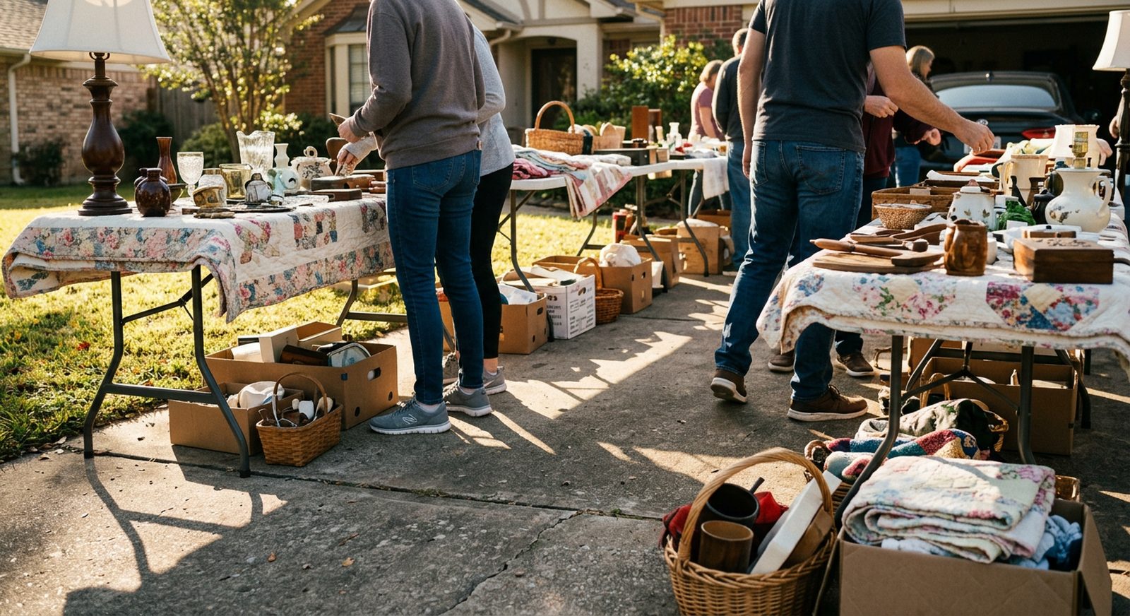 A suburban driveway estate sale with folding tables of antiques in morning light