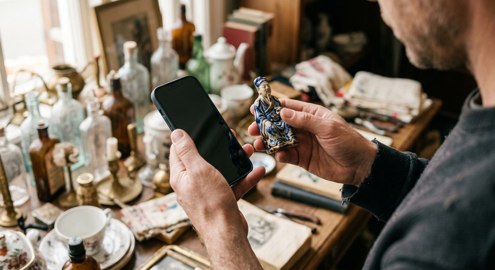 Hands holding a smartphone in one hand and a small ceramic figurine in the other